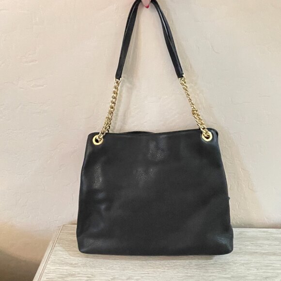 Michael Kors Jet Set Chain Large Shoulder Tote Black Leather Gold Logo - Picture 3 of 14